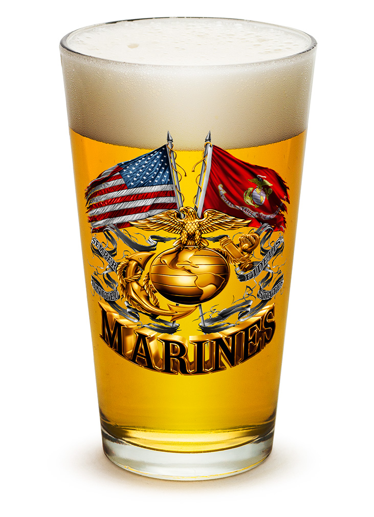 GLASSWARE-PINT-Marine Corps Cross Flags 16oz